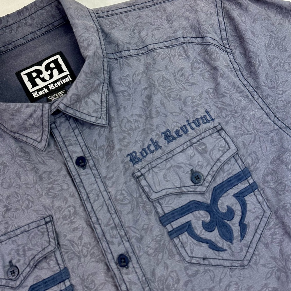 Rock Revival Mens XL Gray Blue Long Sleeve Floral Button Up Shirt Distressed